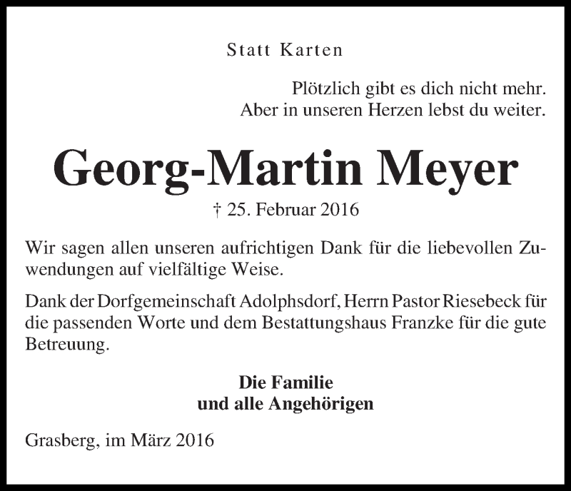 Traueranzeige von Georg-Martin Meyer von Wuemme Zeitung