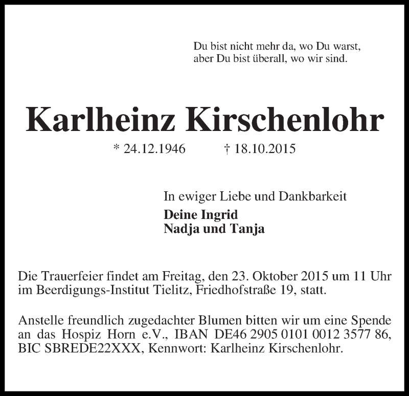  Traueranzeige für Karlheinz Kirschenlohr vom 21.10.2015 aus WESER-KURIER
