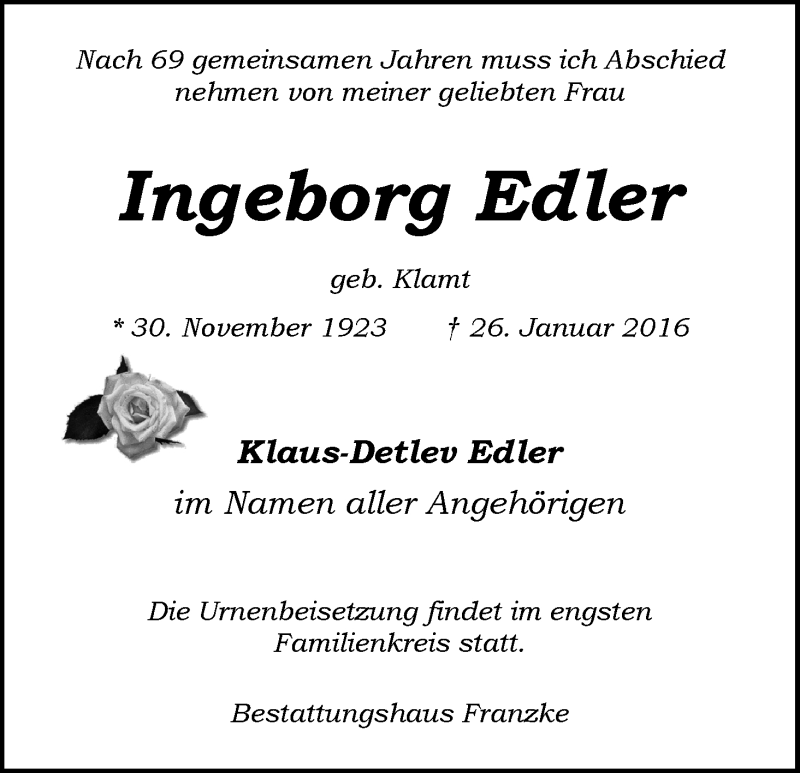 Traueranzeige von Ingeborg Edler von Wuemme Zeitung