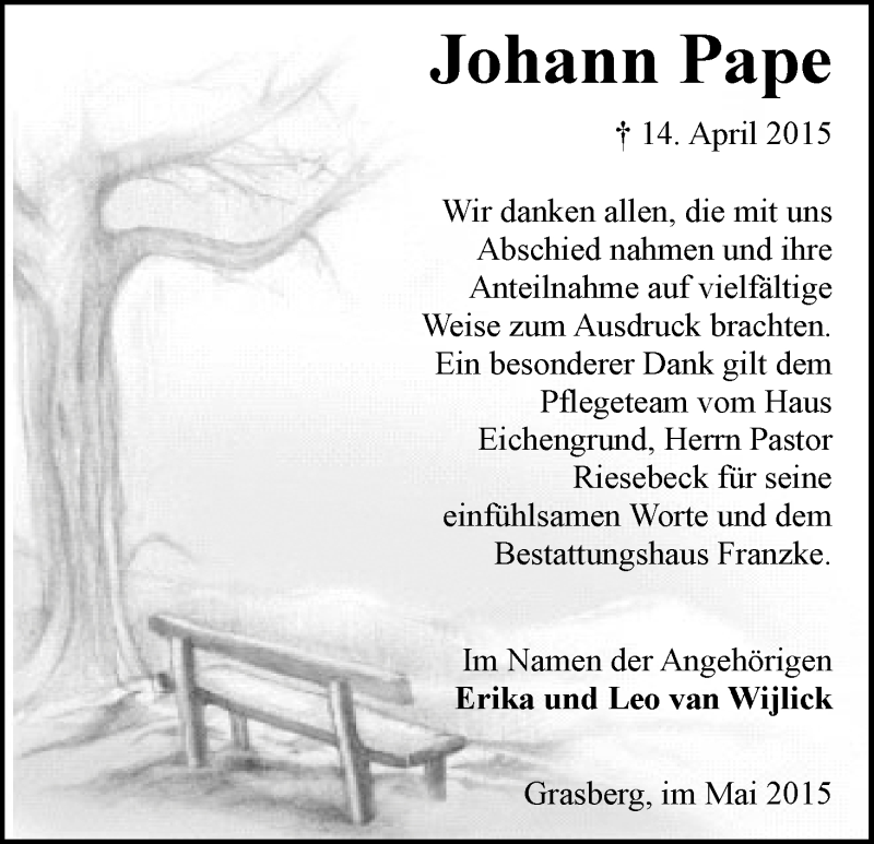 Traueranzeige von Johann Pape von Wuemme Zeitung