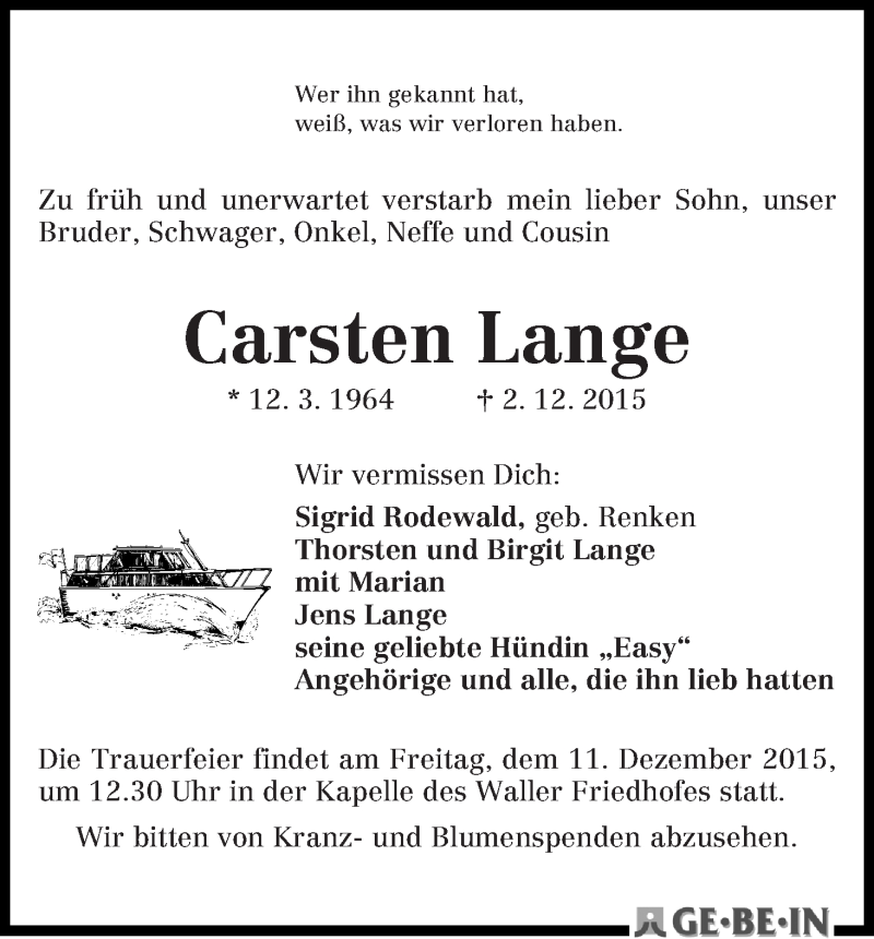 Traueranzeige von Carsten Lange von WESER-KURIER