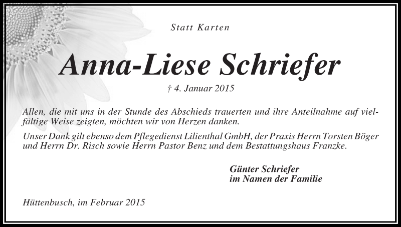 Traueranzeige von Anna-Liese Schriefer von Wuemme Zeitung