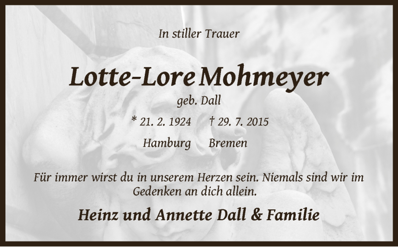 Traueranzeige von Lotte-Lore Mohmeyer von WESER-KURIER