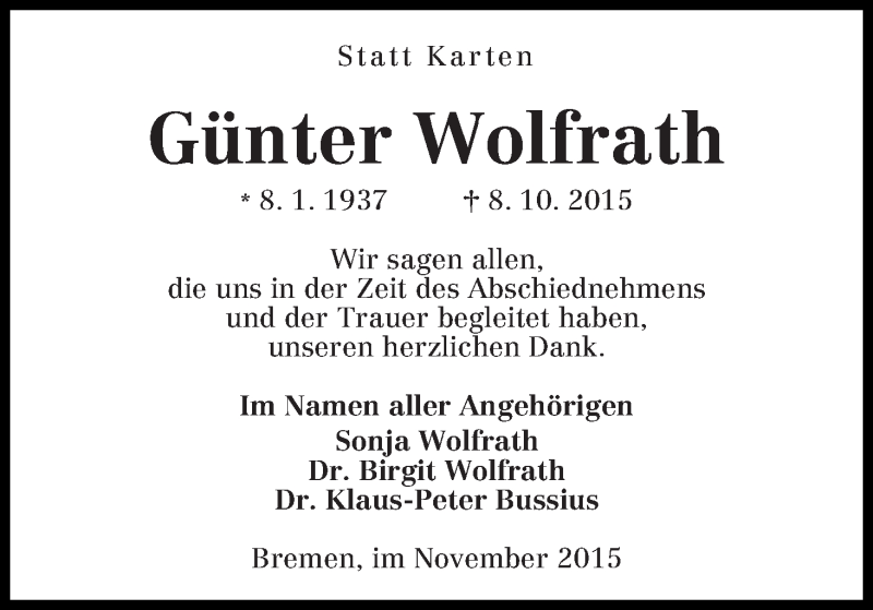Traueranzeige von Günter Wolfrath von WESER-KURIER