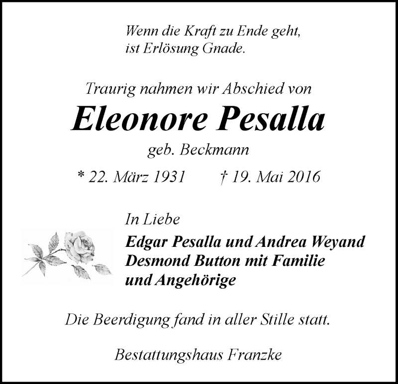 Traueranzeige von Eleonore Pesalla von Wuemme Zeitung