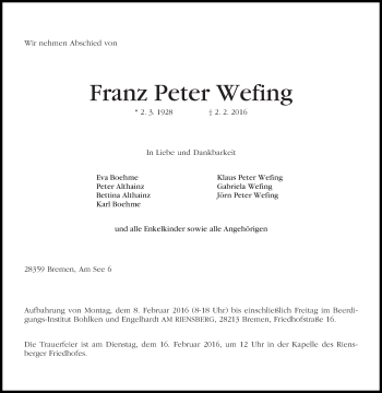 Traueranzeige von Franz Peter Wefing