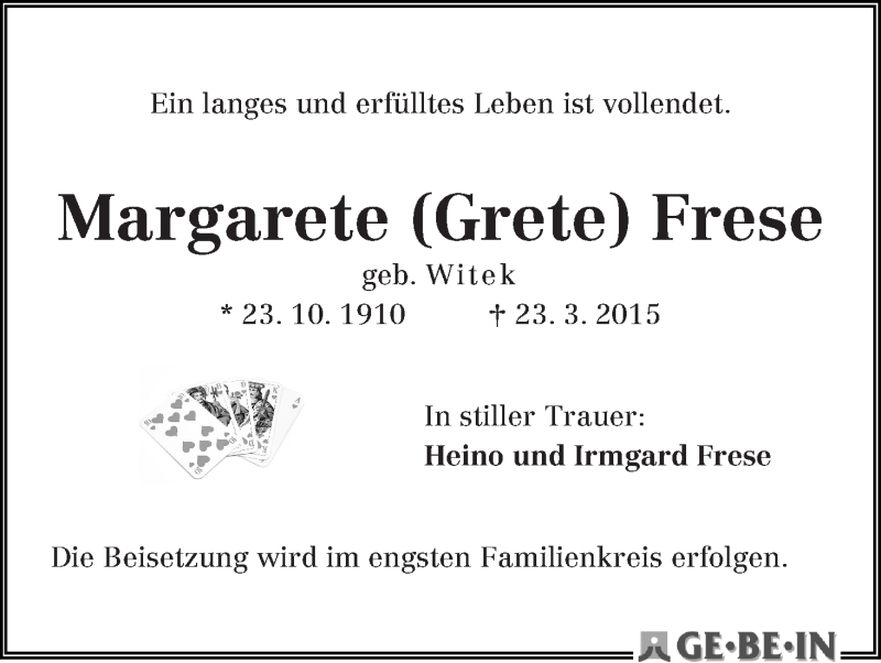 Traueranzeige von Margarete (Grete) Frese von WESER-KURIER