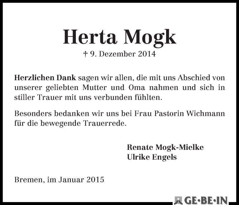 Traueranzeige von Herta Mogk von Die Norddeutsche