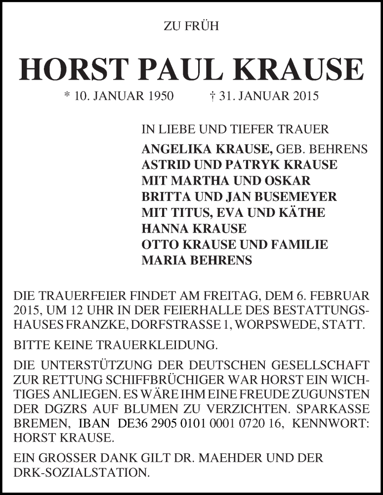 Traueranzeige von Horst Paul Krause von Wuemme Zeitung