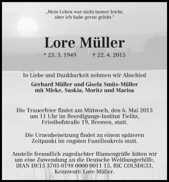 Traueranzeige von Lore Müller