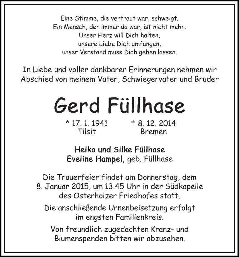 Traueranzeige von Gerd Füllhase von WESER-KURIER