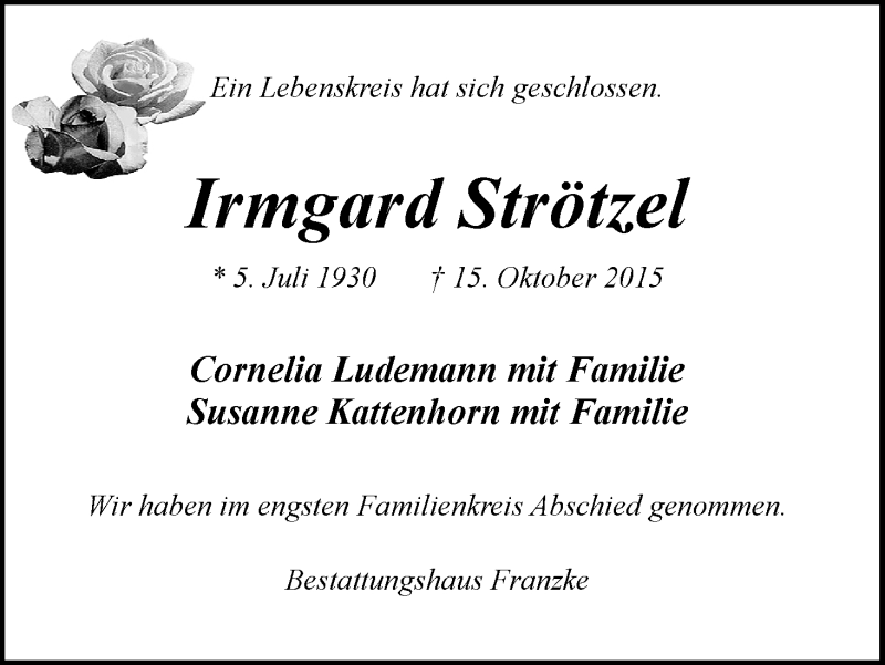 Traueranzeige von Irmgard Strötzel von Osterholzer Kreisblatt