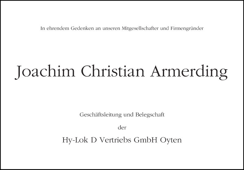 Traueranzeige von Joachim Christian Armerding von WESER-KURIER