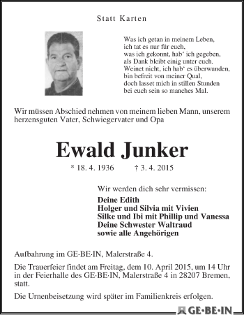 Traueranzeige von Ewald Junker