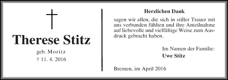 Traueranzeige von Therese Stitz von Die Norddeutsche