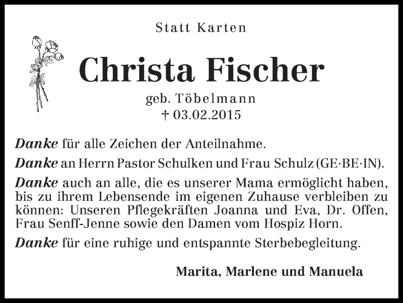 Traueranzeige von Christa Fischer von WESER-KURIER