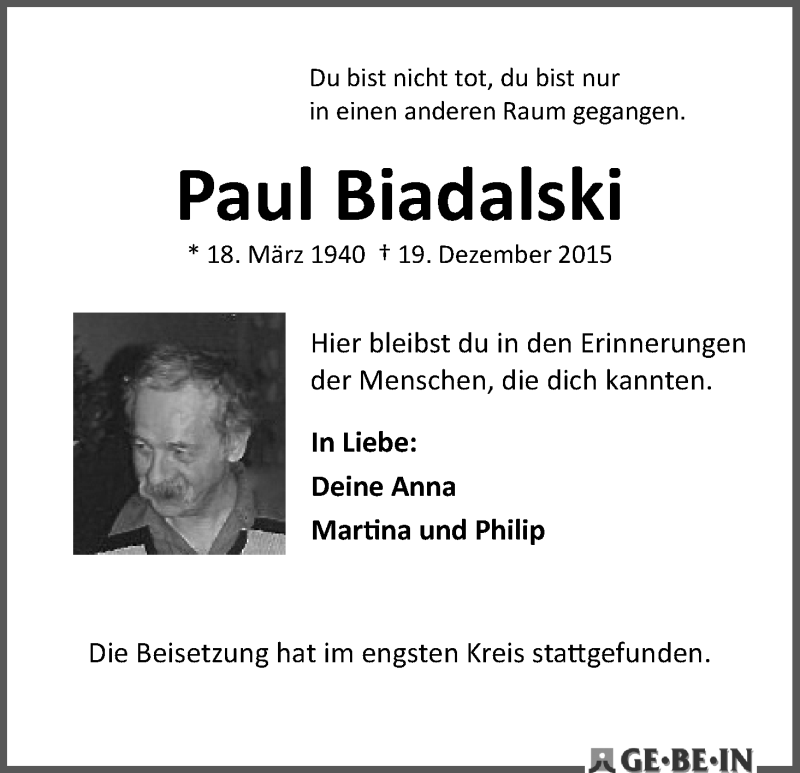 Traueranzeige von Paul Biadalski von WESER-KURIER