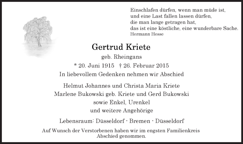 Traueranzeige von Gertrud Kriete von WESER-KURIER