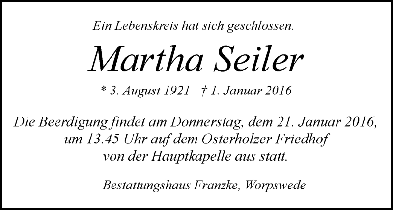 Traueranzeige von Martha Seiler von WESER-KURIER