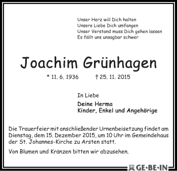 Traueranzeige von Joachim Grünhagen