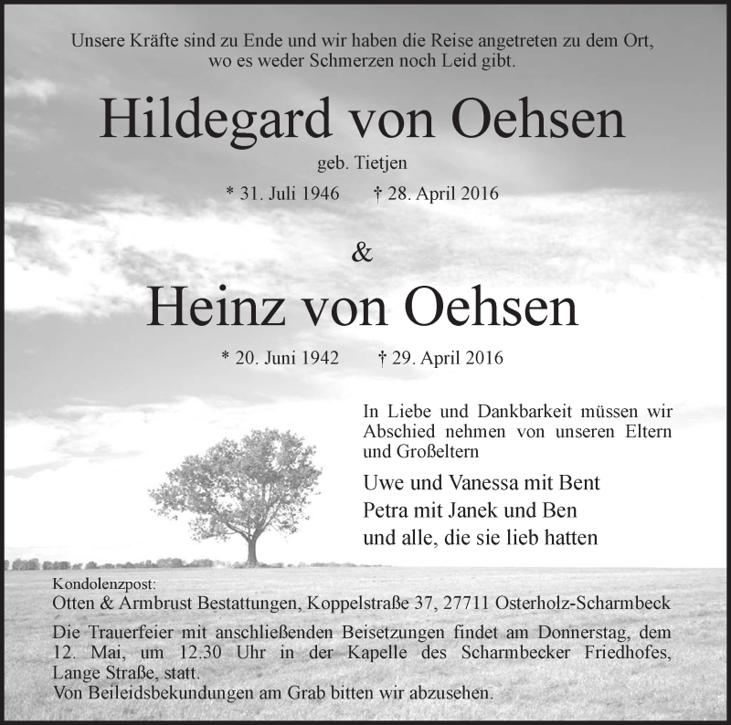Traueranzeige von Hildegard und Heinz von Oehsen von Osterholzer Kreisblatt