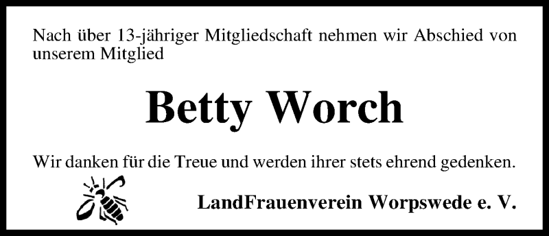 Traueranzeige von Betty Worch von Wuemme Zeitung
