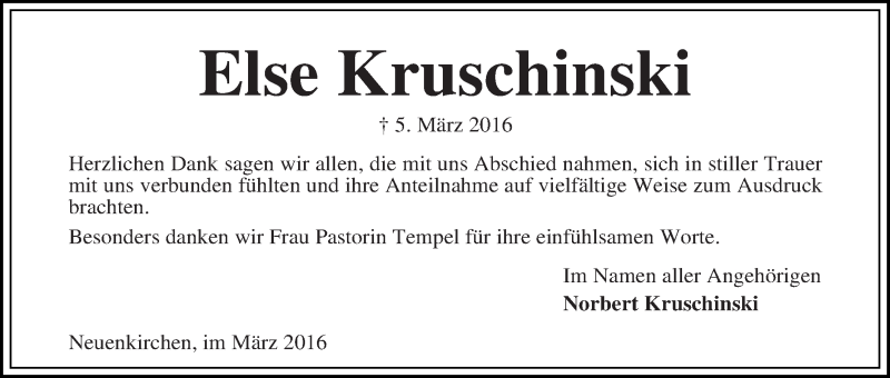 Traueranzeige von Else Kruschinski von Die Norddeutsche