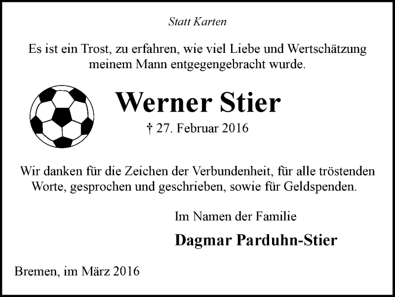 Traueranzeige von Werner Stier von WESER-KURIER