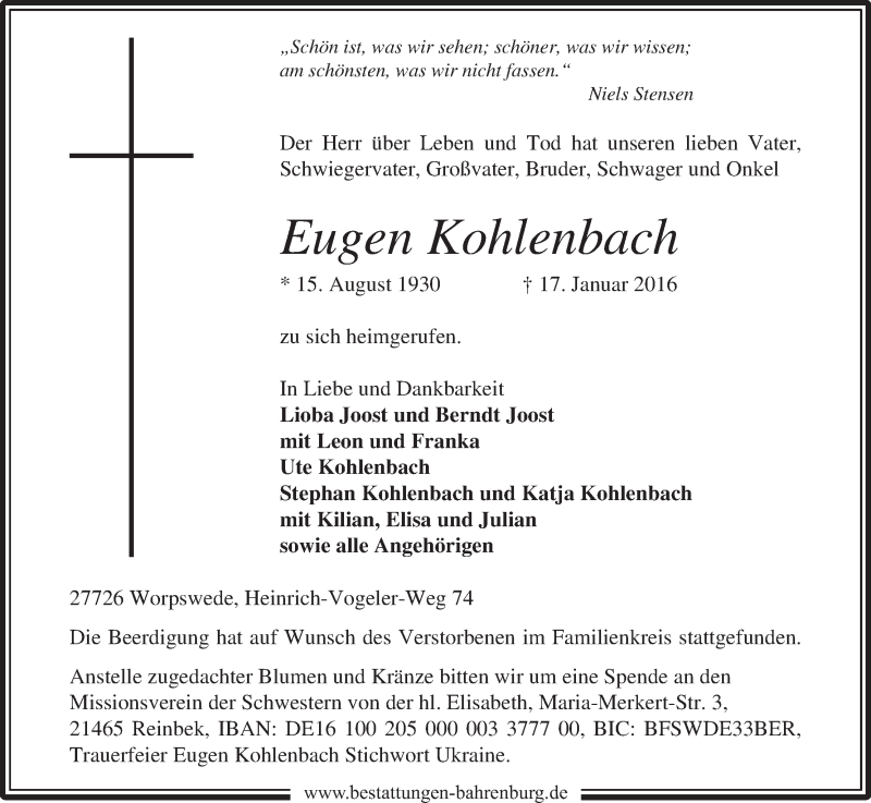  Traueranzeige für Eugen Kohlenbach vom 28.01.2016 aus Wuemme Zeitung