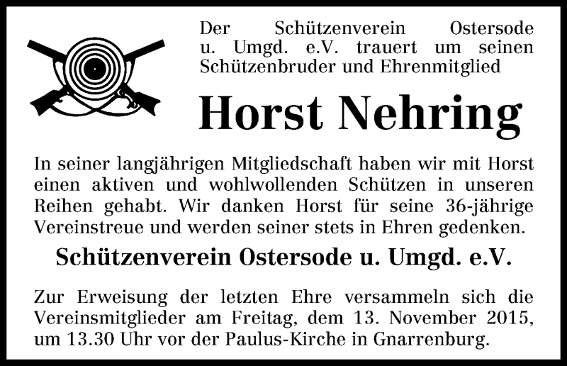 Traueranzeige von Horst Nehring von Osterholzer Kreisblatt