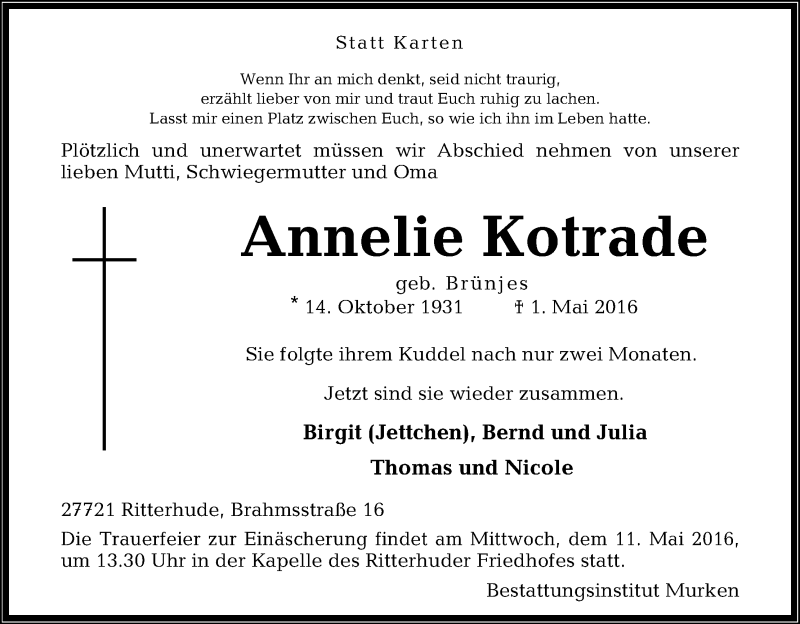 Traueranzeige von Annelie Kotrade von Osterholzer Kreisblatt