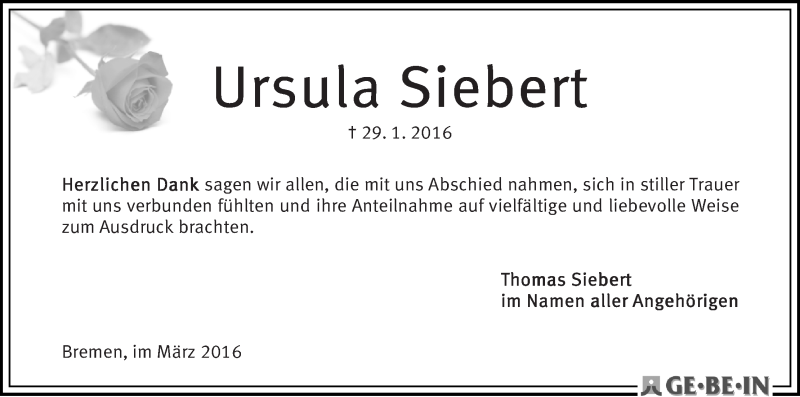 Traueranzeige von Ursula Siebert von WESER-KURIER