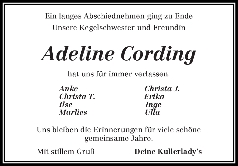 Traueranzeige von Adeline Cording von Osterholzer Kreisblatt