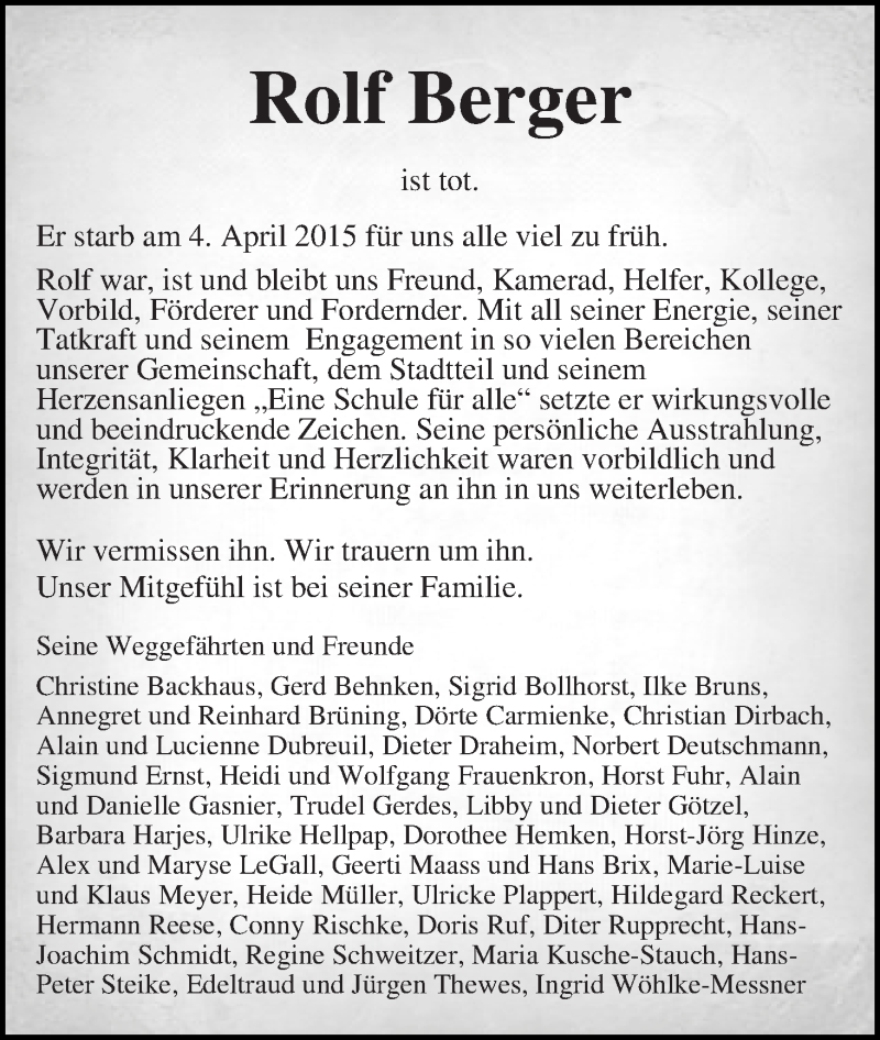  Traueranzeige für Rolf Berger vom 11.04.2015 aus WESER-KURIER