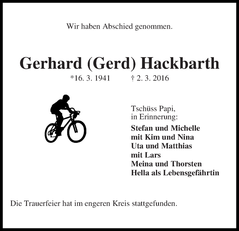 Traueranzeige von Gerhard (Gerd) Hackbarth von Die Norddeutsche