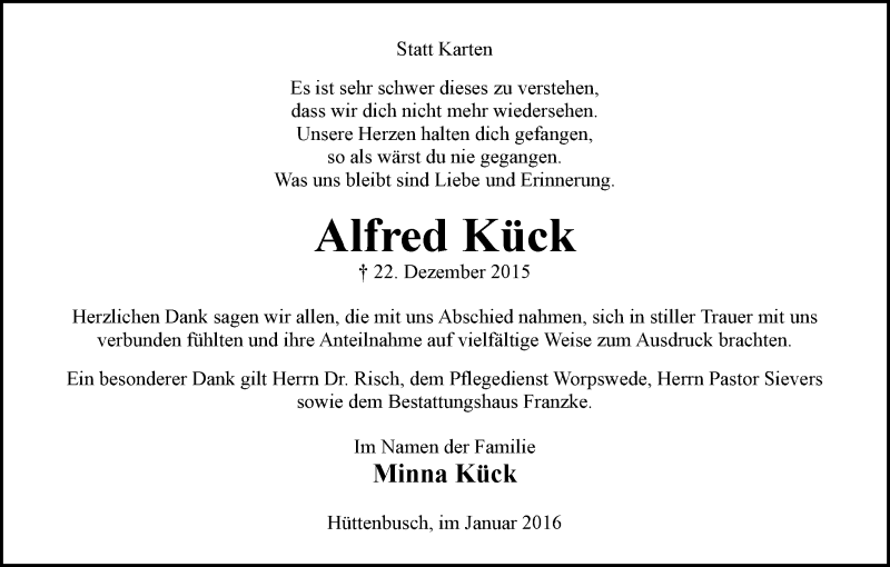 Traueranzeige von Alfred Kück von Wuemme Zeitung