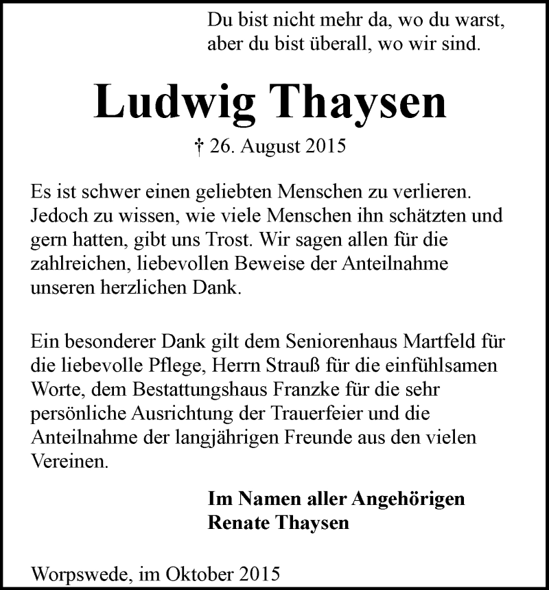 Traueranzeige von Ludwig Thaysen von WESER-KURIER