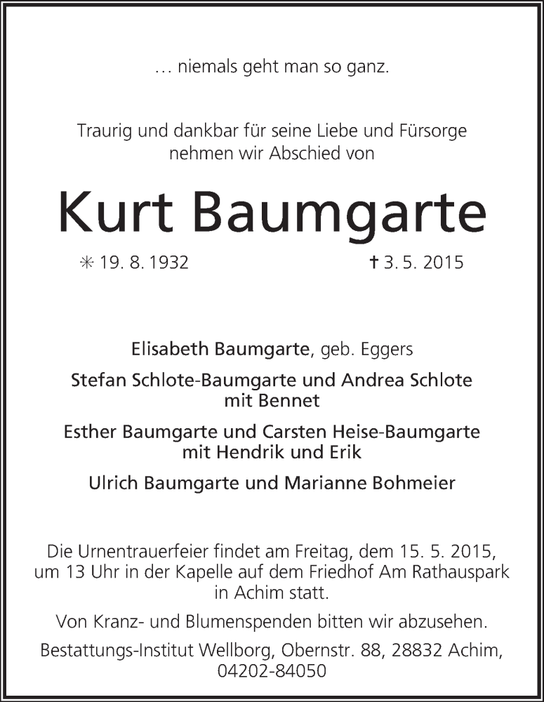 Traueranzeige von Kurt Baumgarte von WESER-KURIER
