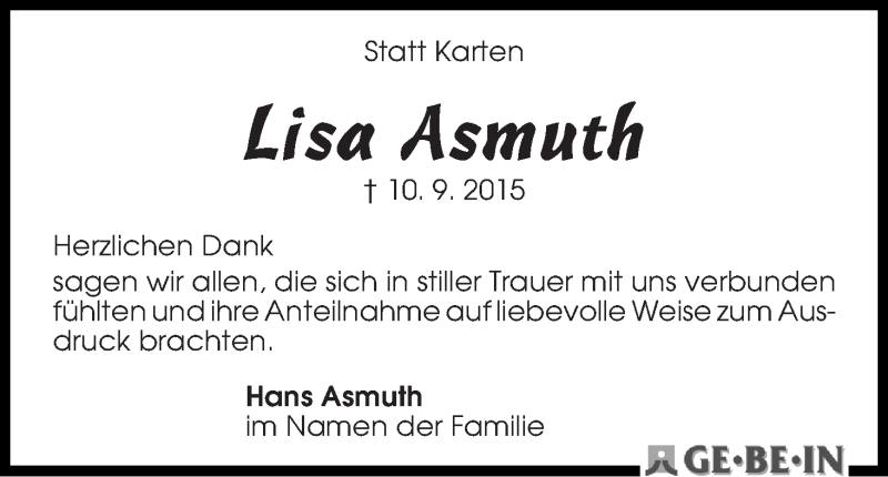 Traueranzeige von Lisa Asmuth von WESER-KURIER