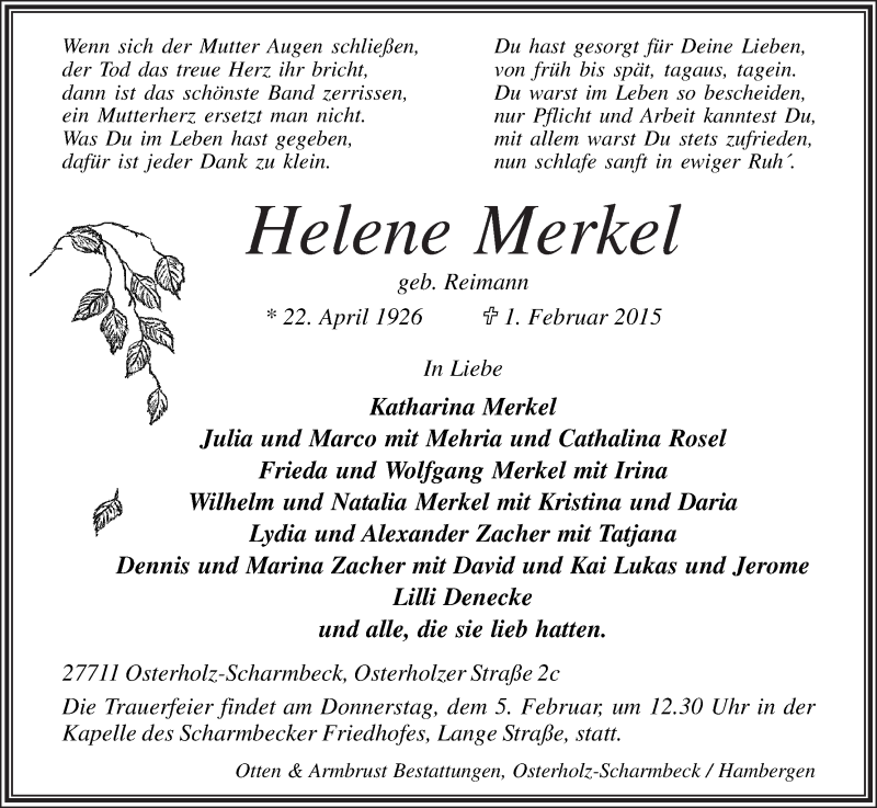 Traueranzeige von Helene Merkel von Osterholzer Kreisblatt