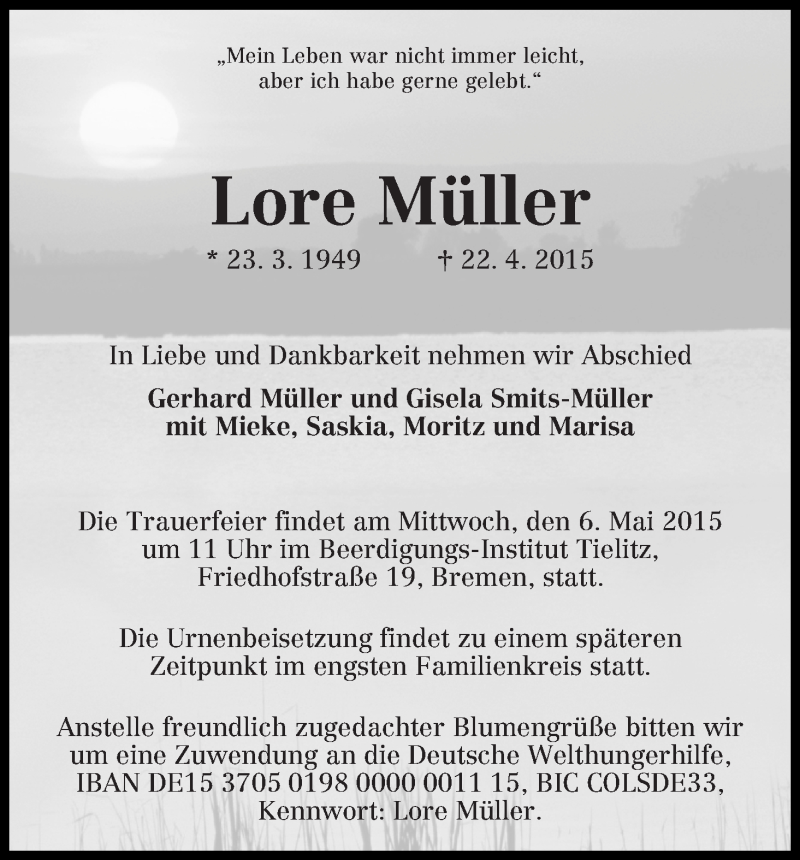 Traueranzeige von Lore Müller von WESER-KURIER
