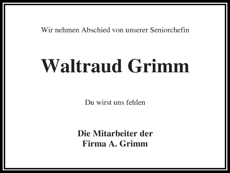 Traueranzeige von Waltraud Grimm von Wuemme Zeitung
