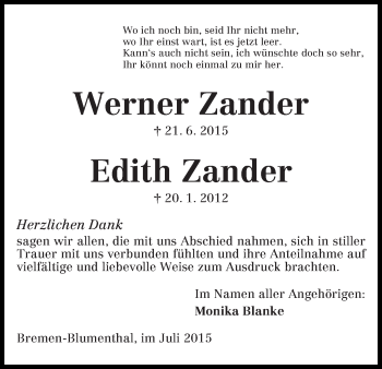Traueranzeige von Werner und Edith Zander