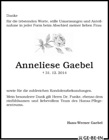 Traueranzeigen von Anneliese Gaebel | Trauer & Gedenken