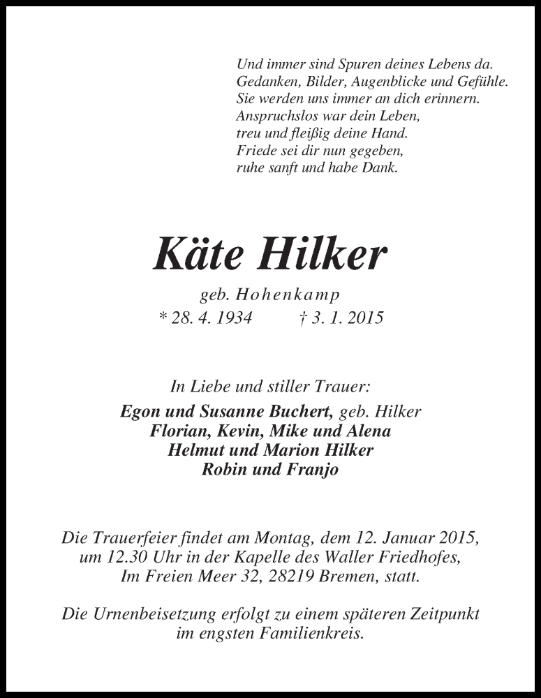 Traueranzeige von Käte Hilker von WESER-KURIER