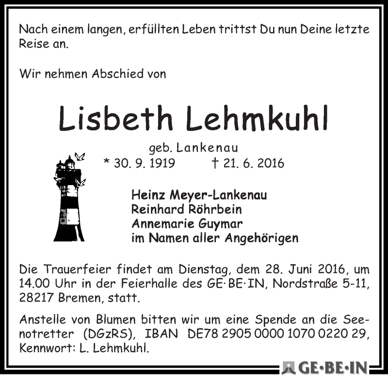 Traueranzeige von Lisbeth Lehmkuhl von WESER-KURIER