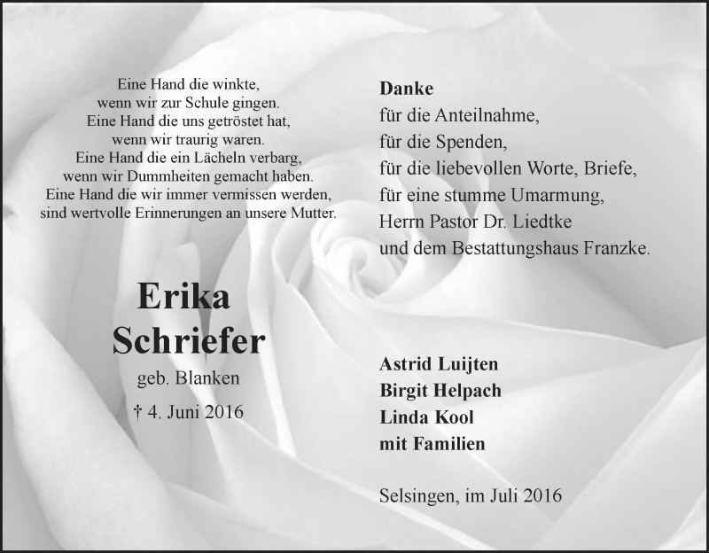 Traueranzeige von Erika Schriefer von Wuemme Zeitung