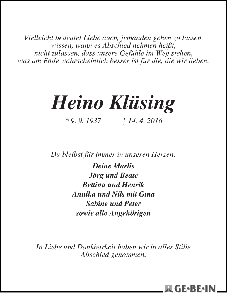 Traueranzeige von Heino Klüsing von WESER-KURIER