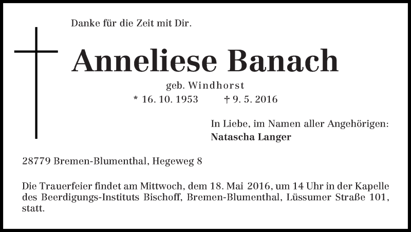 Traueranzeige von Anneliese Banach von Die Norddeutsche