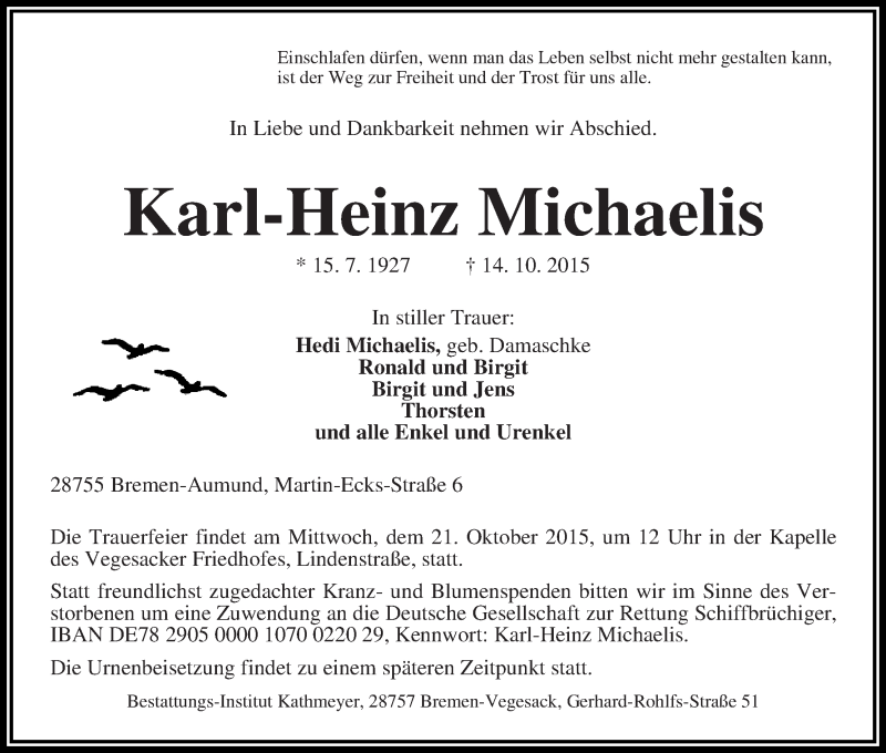 Traueranzeige von Karl-Heinz Michaelis von Die Norddeutsche